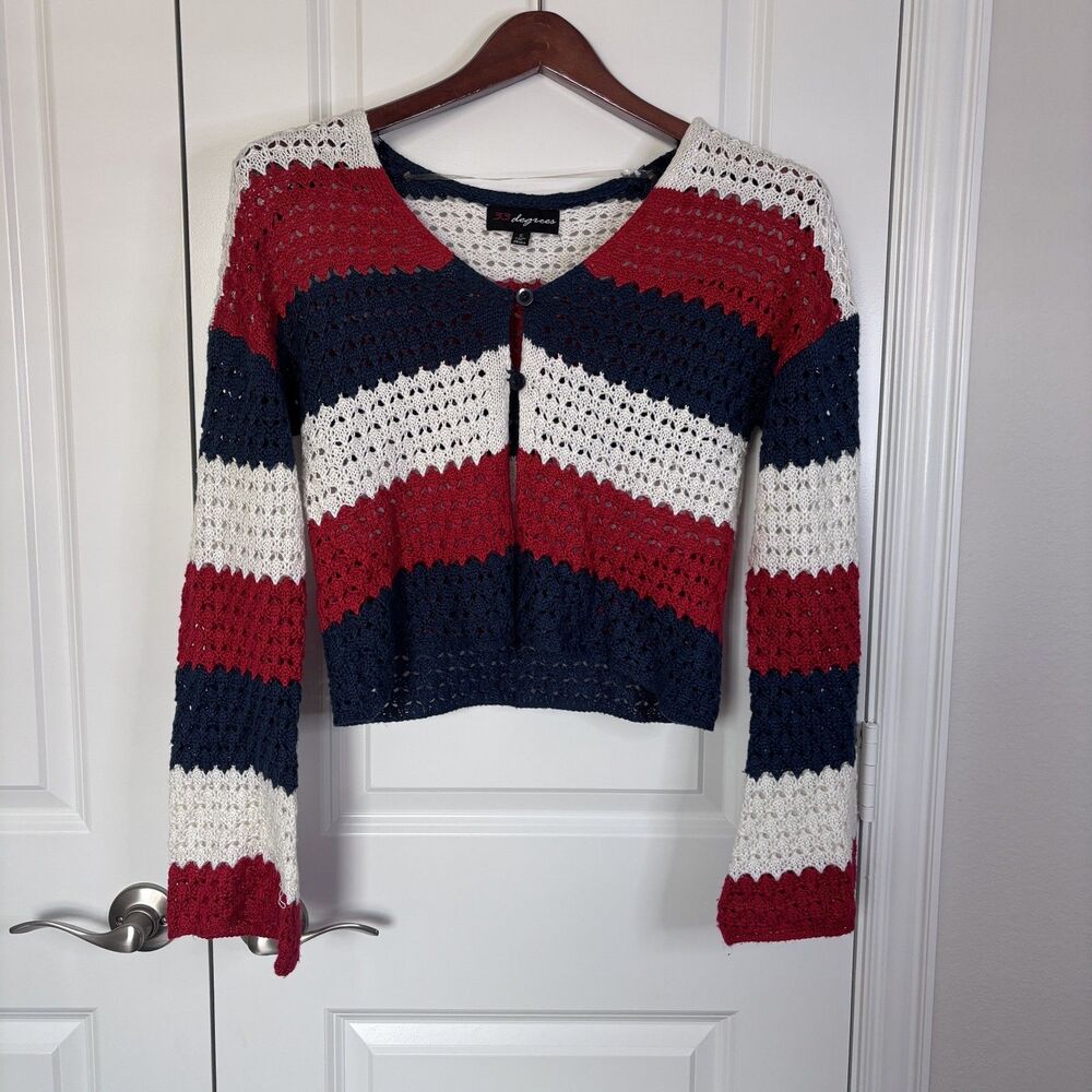 33 Degrees Red White Blue Striped Crochet Button Open-Knit Cardigan Sweater S